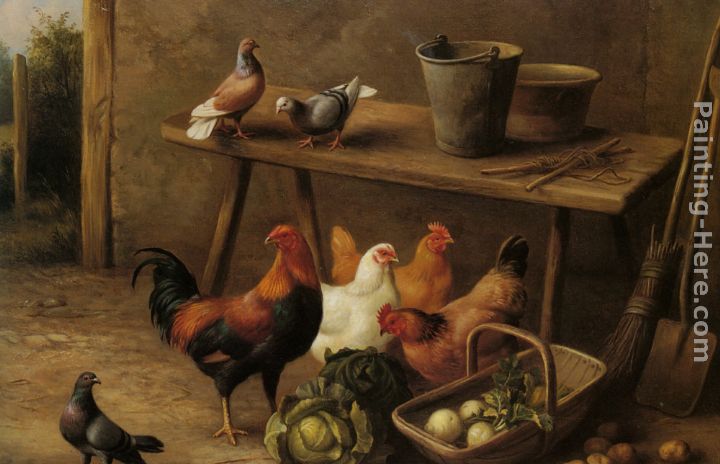 Chickens and Pigeons in a Farmyard painting - Edgar Hunt Chickens and Pigeons in a Farmyard art painting